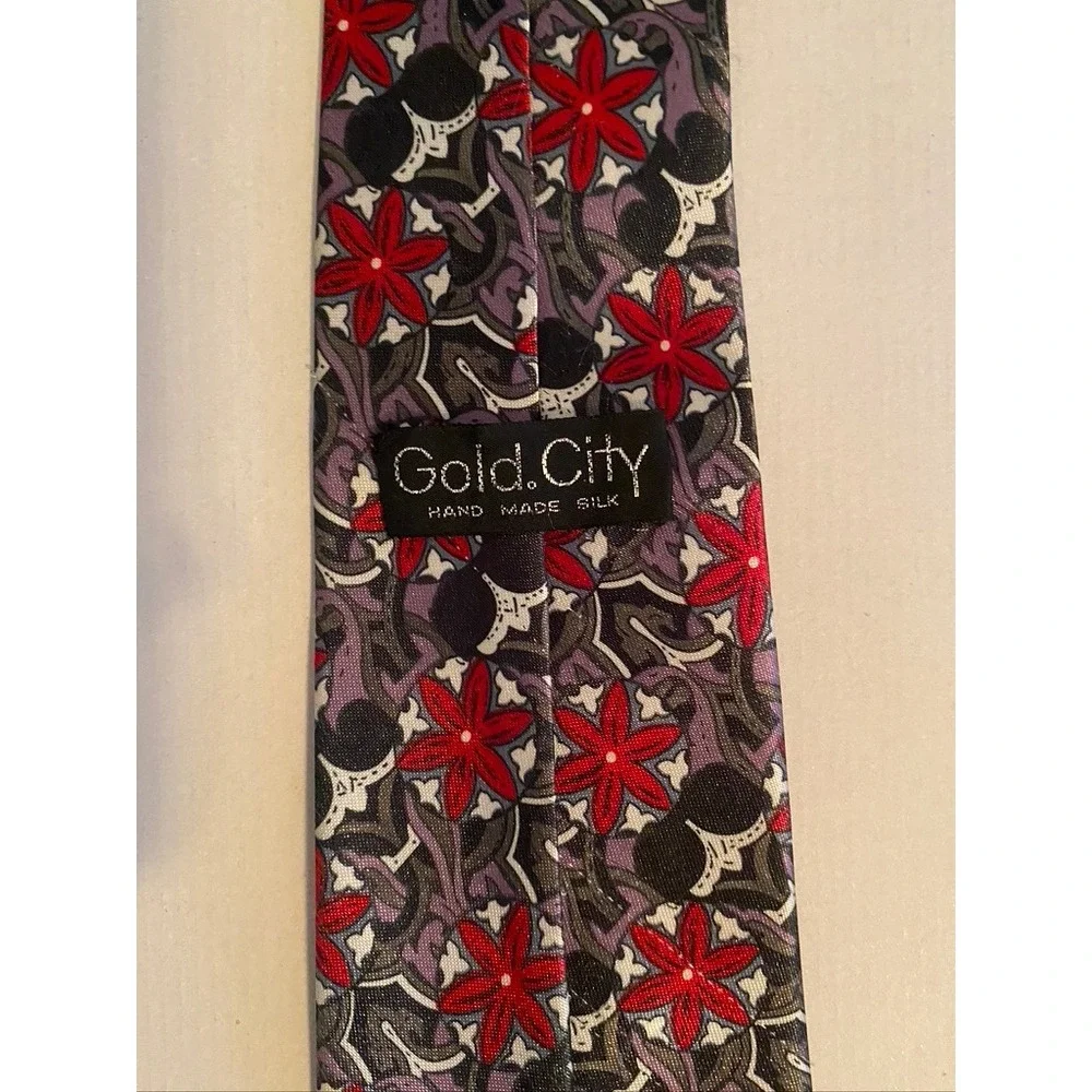 Gold City Handmade Silk Tie Red Grey Floral Geometric Abstract Pattern Necktie